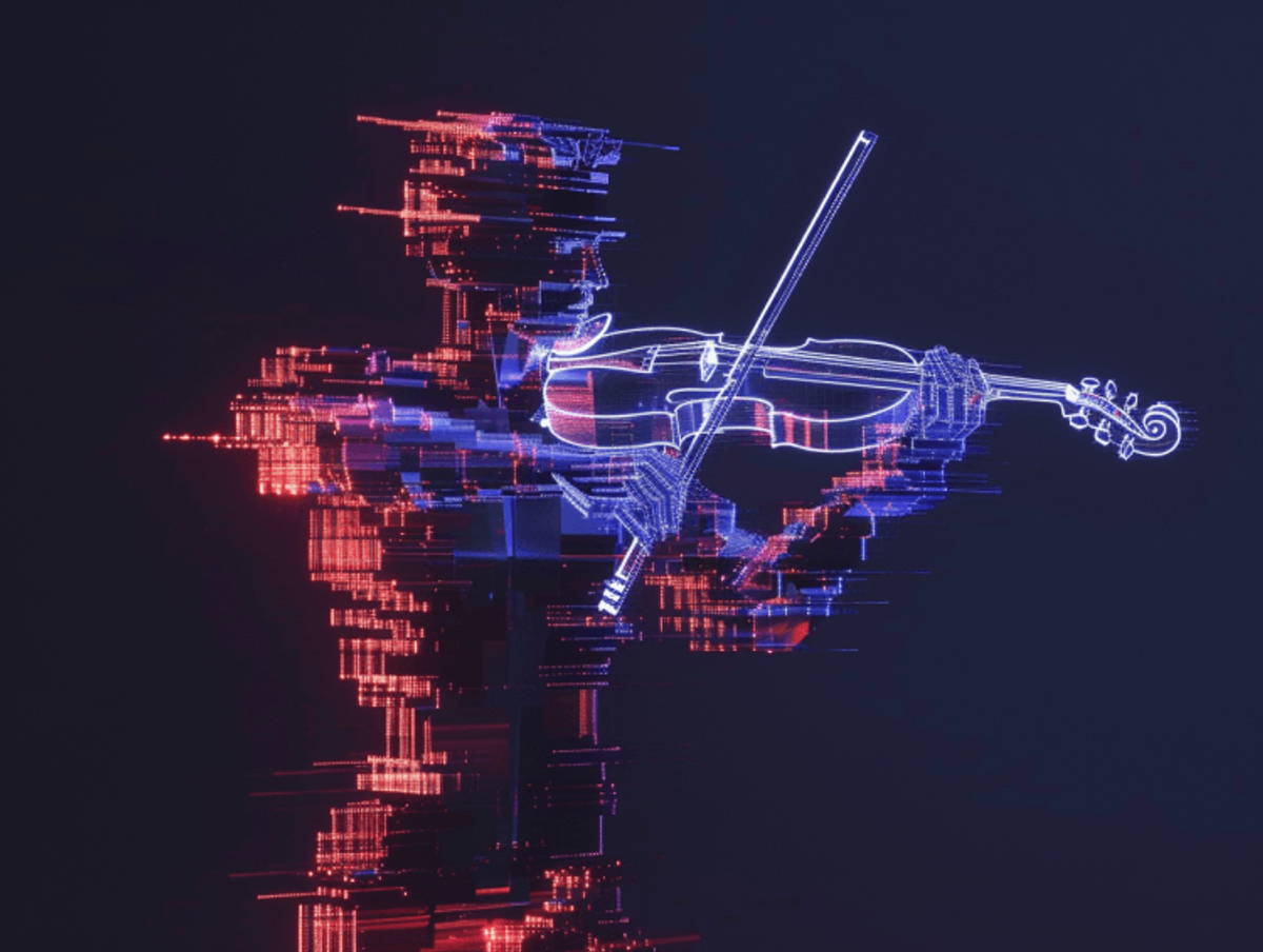 Digital violinist artwork with neon colors.