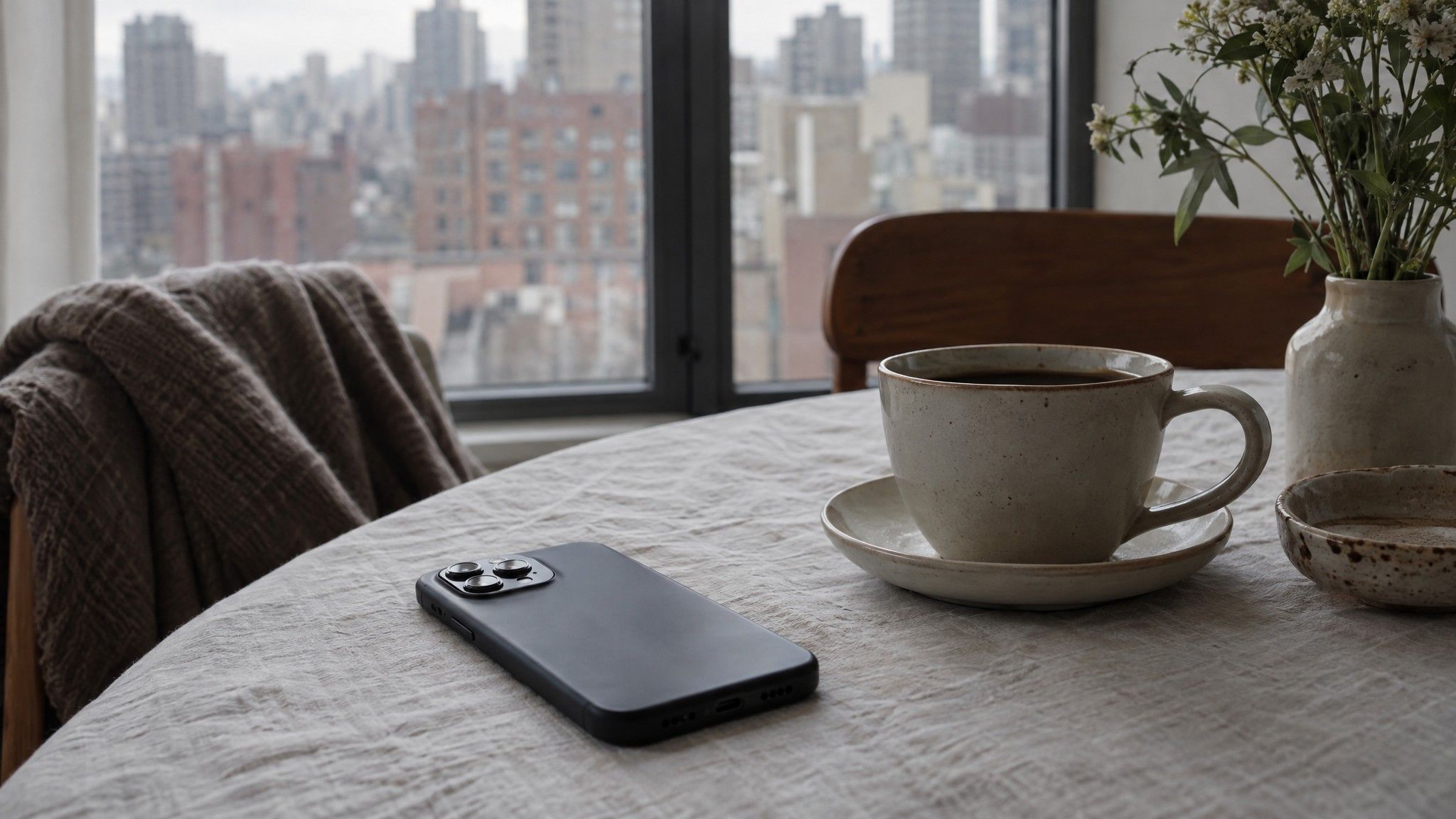 Phone face down on a linen tablecloth beside a coffee cup