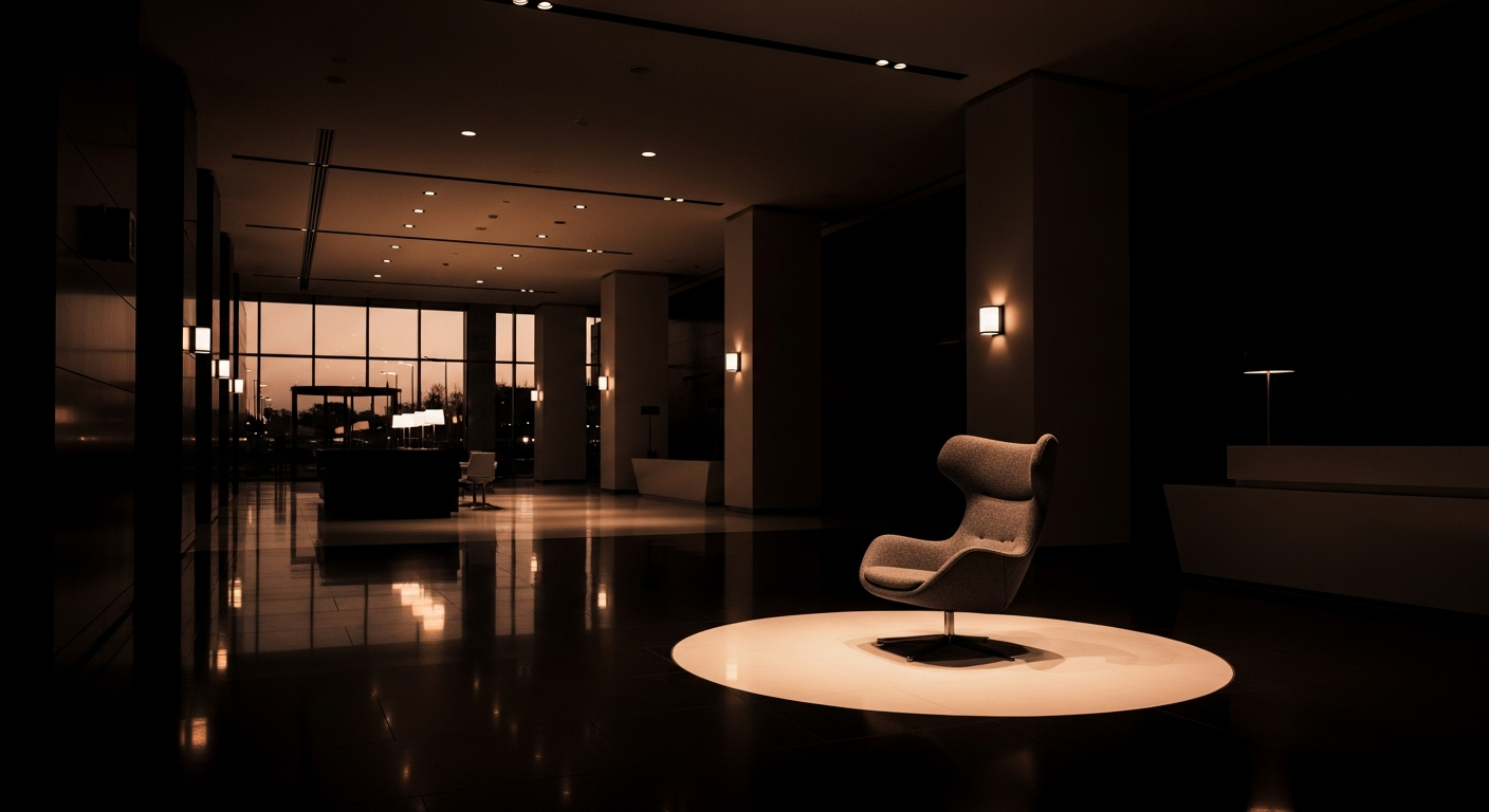 Modern corporate lobby at twilight with warm lighting — choosing between employer branding and recruitment agencies for talent acquisition