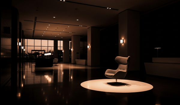 Modern corporate lobby at twilight with warm lighting — choosing between employer branding and recruitment agencies for talent acquisition