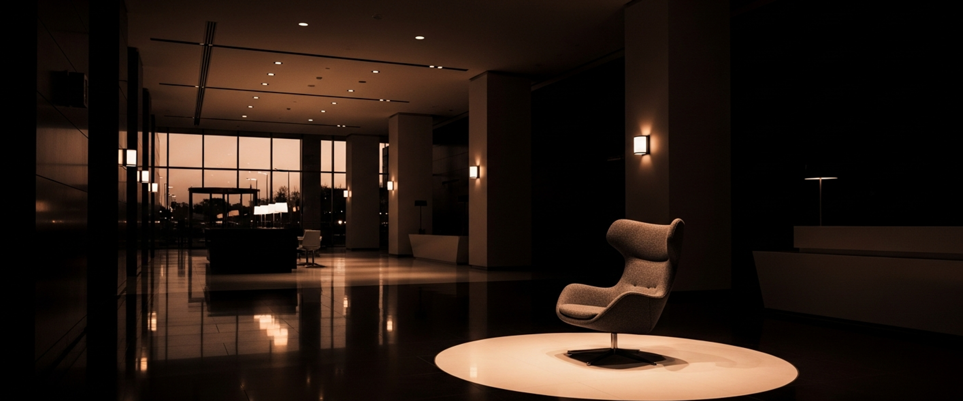 Modern corporate lobby at twilight with warm lighting — choosing between employer branding and recruitment agencies for talent acquisition