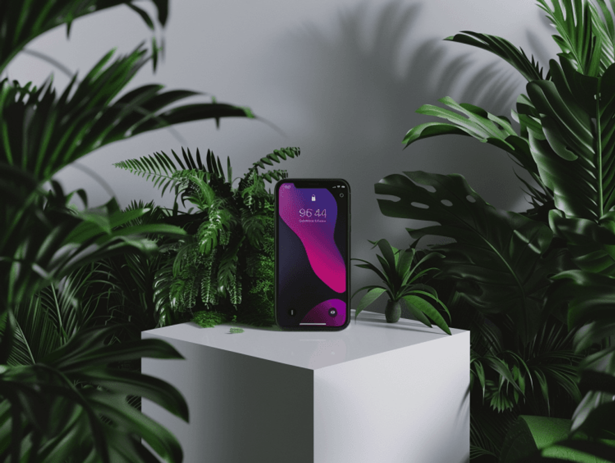 Smartphone on pedestal surrounded by lush green plants.