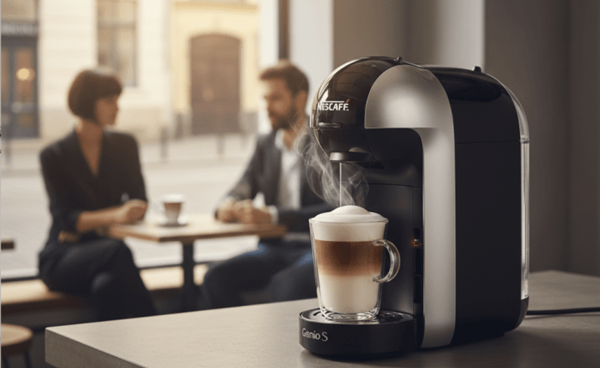 Nescafé Genio S coffee machine brewing cappuccino.