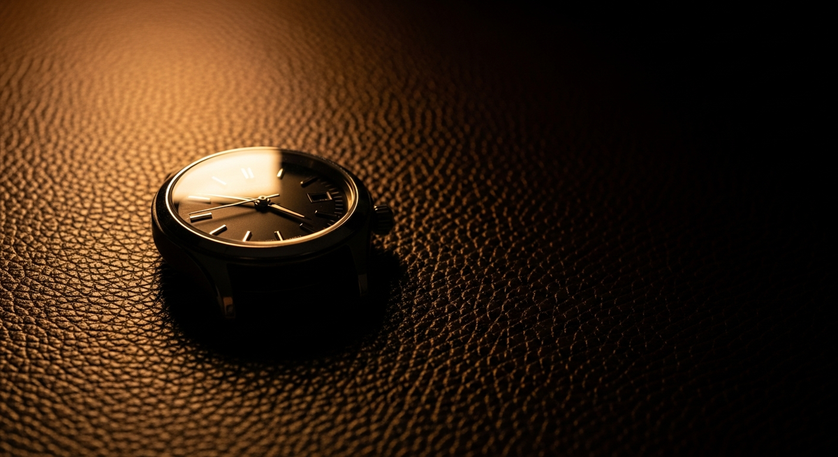 Elegant luxury watch resting on dark textured leather surface with dramatic warm side lighting