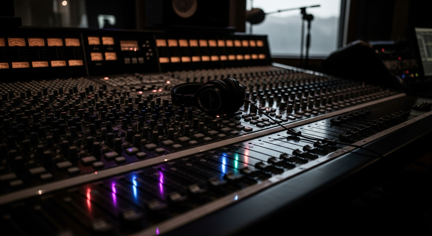 Professional recording studio mixing console with ambient LED lighting in dark setting