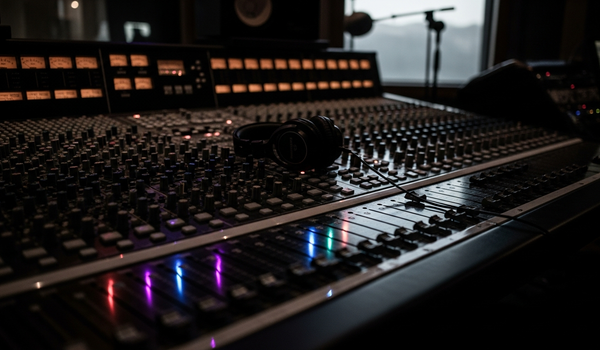 Professional recording studio mixing console with ambient LED lighting in dark setting