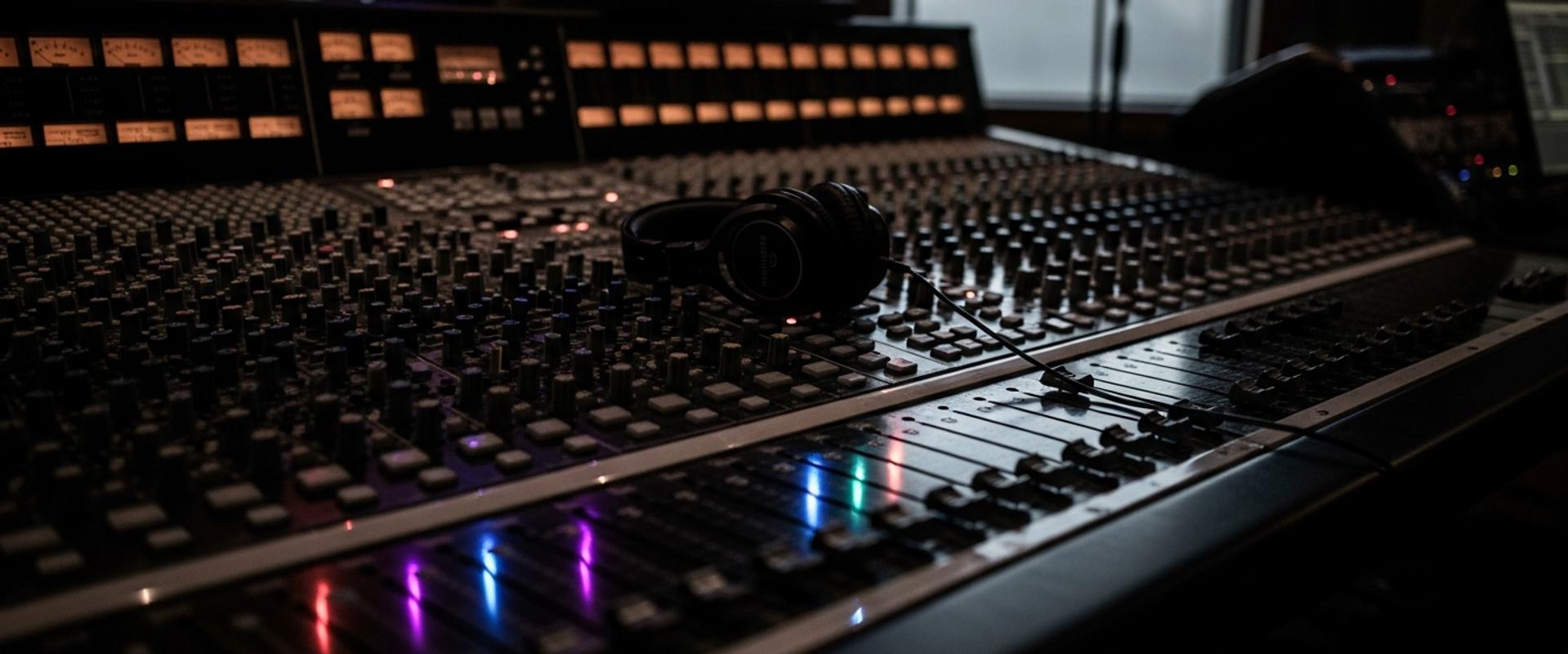 Professional recording studio mixing console with ambient LED lighting in dark setting