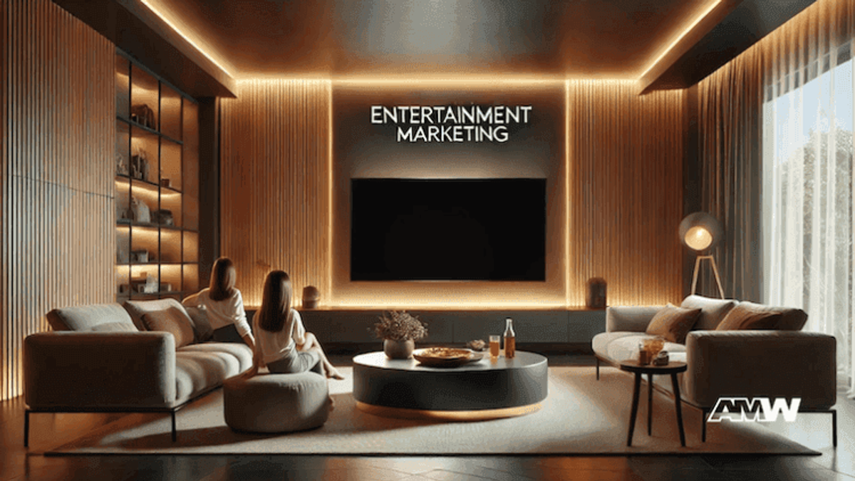 Modern living room with entertainment marketing screen.