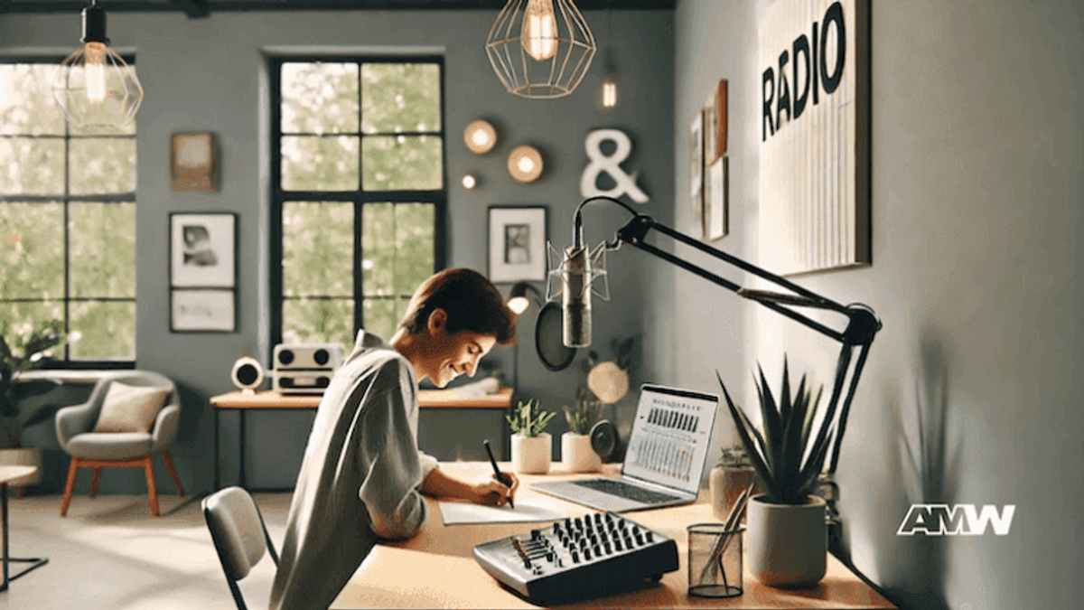 Radio host working in modern studio.