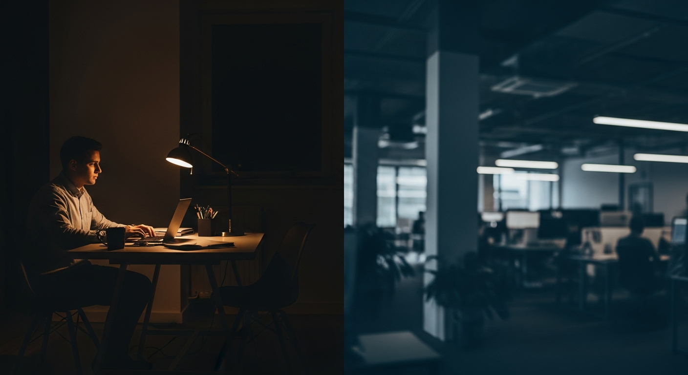 Freelancer at minimalist desk contrasted with modern marketing agency workspace — choosing between independent talent and agency team