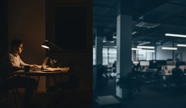 Freelancer at minimalist desk contrasted with modern marketing agency workspace — choosing between independent talent and agency team