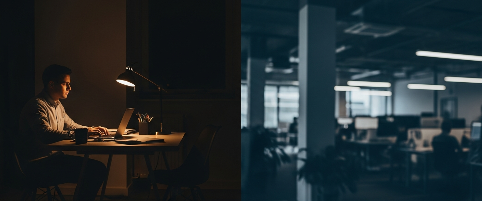 Freelancer at minimalist desk contrasted with modern marketing agency workspace — choosing between independent talent and agency team