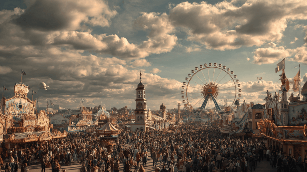 Crowded carnival with Ferris wheel and colorful booths.
