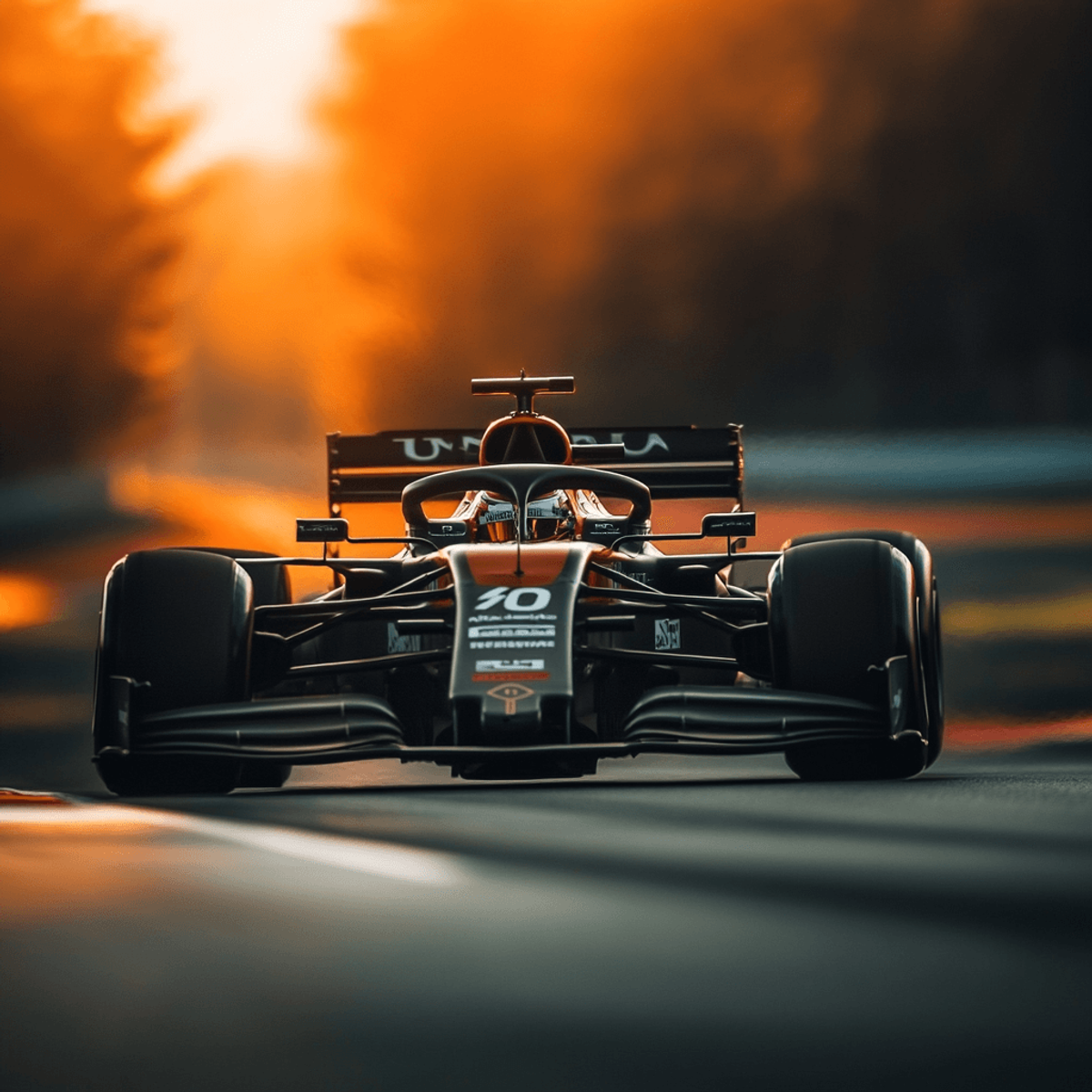 Race car driving on track at sunset.