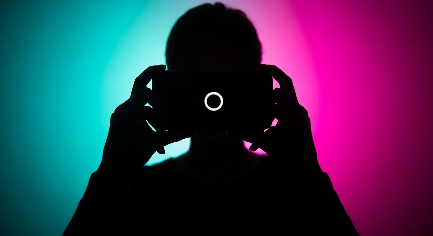 Silhouetted creator with vertical phone in vivid neon lighting representing TikTok marketing