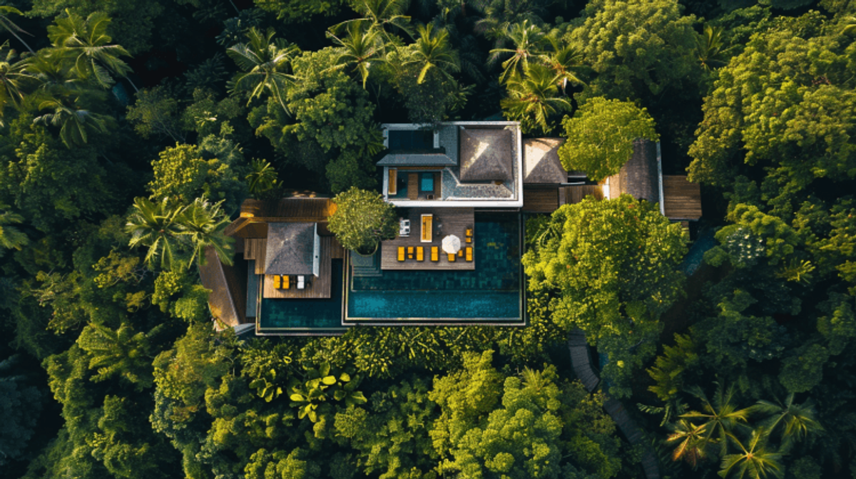 Aerial view of villa surrounded by lush jungle.