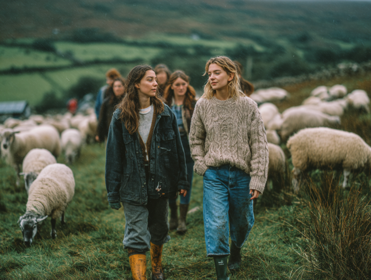 Women walking with sheep in lush countryside.