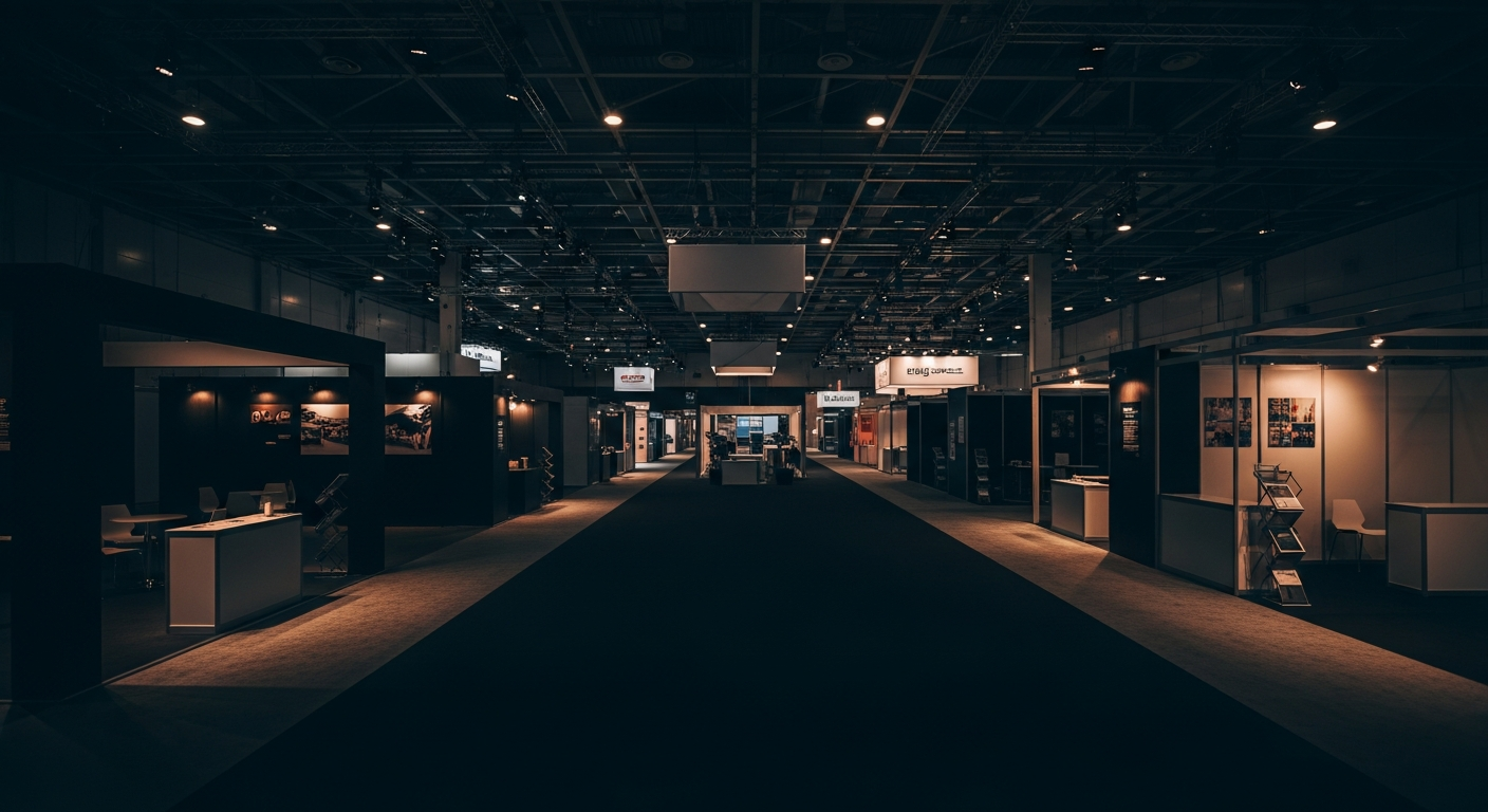 Empty trade show floor at night with dramatic overhead lighting and exhibition booths in shadow