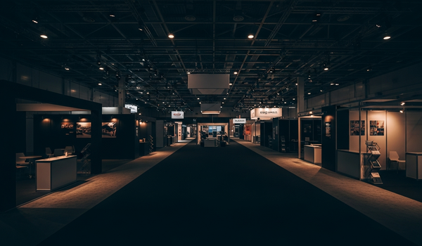 Empty trade show floor at night with dramatic overhead lighting and exhibition booths in shadow