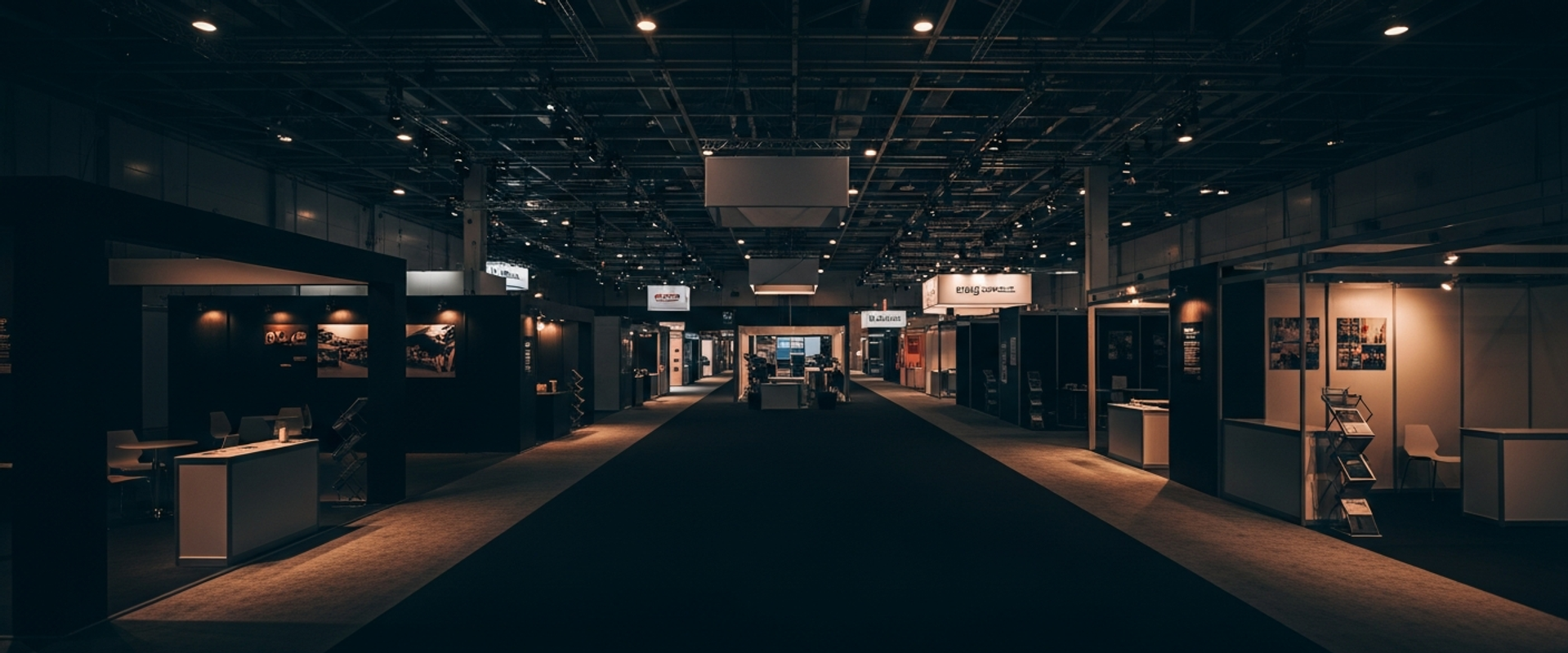 Empty trade show floor at night with dramatic overhead lighting and exhibition booths in shadow