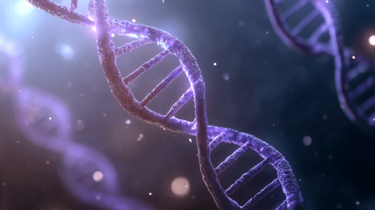 Close-up of a glowing purple DNA strand.