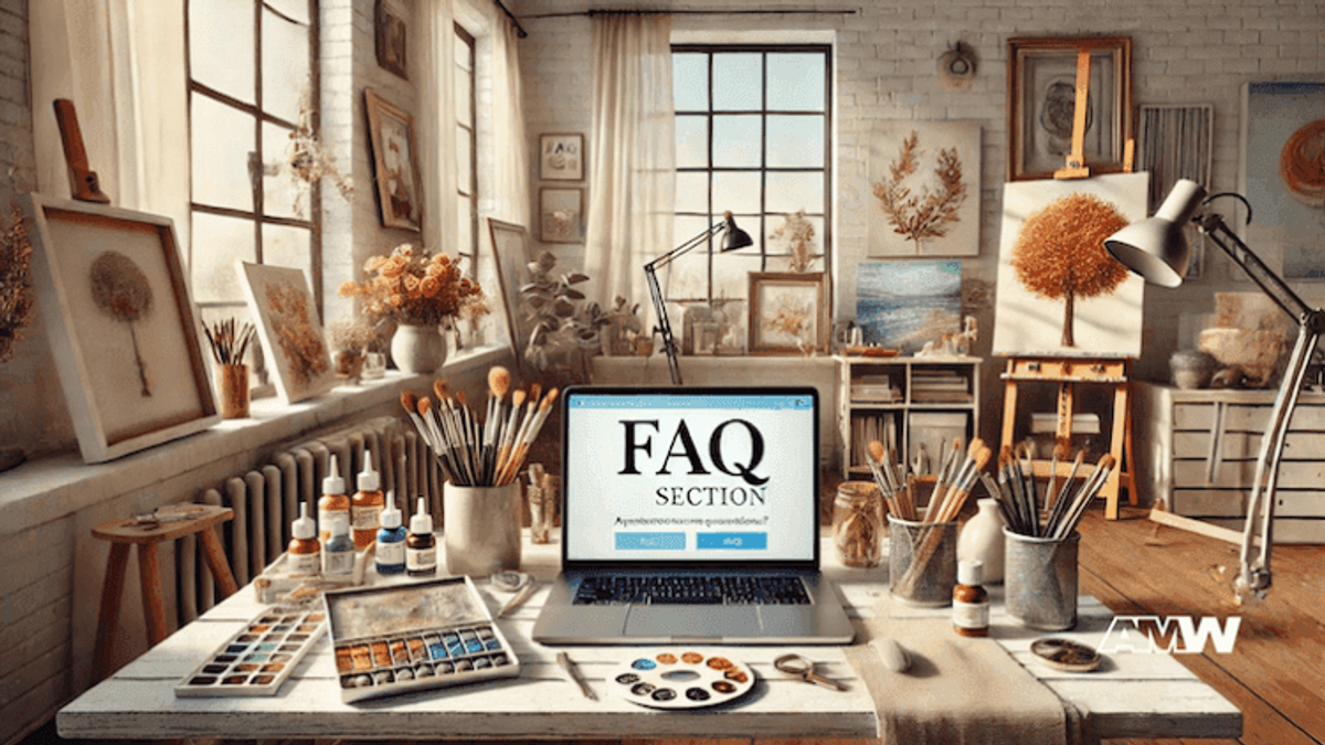Art studio with FAQ on laptop screen.