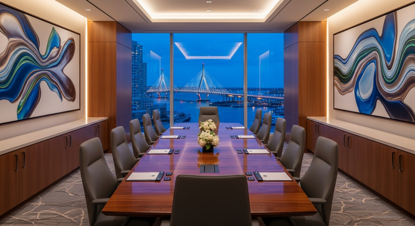 Premium boardroom with Boston harbor view for biotech investor meetings