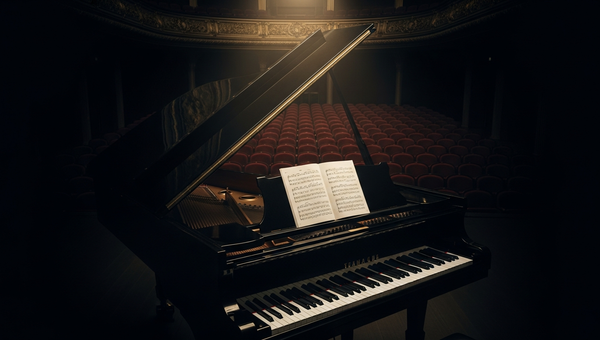 Classical music promotion with orchestral instruments in concert hall