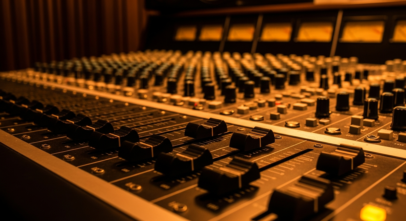 Vintage analog mixing console in premium recording studio with warm light