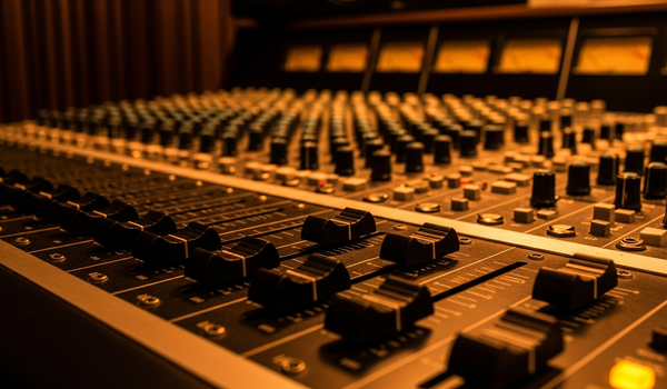 Vintage analog mixing console in premium recording studio with warm light