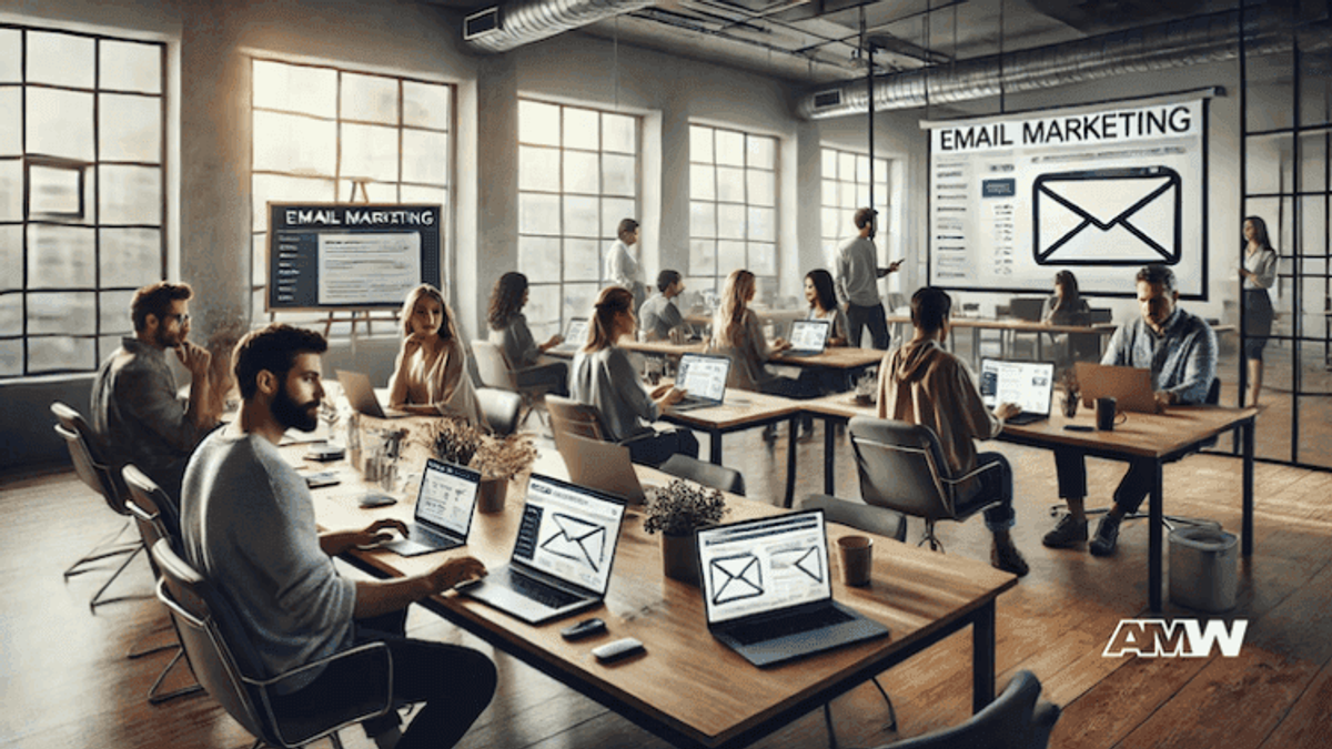 People working on email marketing in office