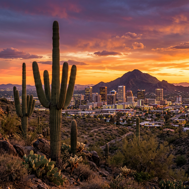 Phoenix Arizona skyline at sunset with saguaro cacti