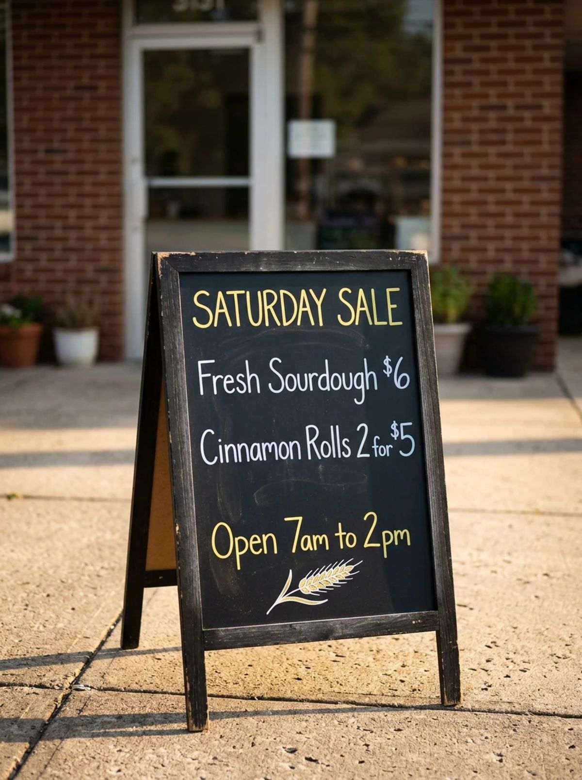gemini-nano-banana-2.1 output: A photograph showing a black A-frame chalkboard standing on a sunny concrete sidewalk outside a brick-front storefront. The sign features four lines of text written in yellow and white chalk, accompanied by an illustration of a wheat stalk at the bottom.