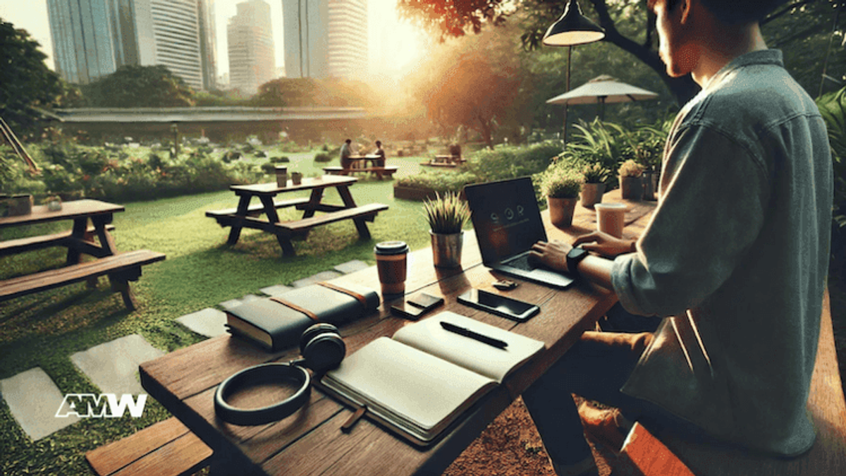 Person working on laptop in outdoor workspace.