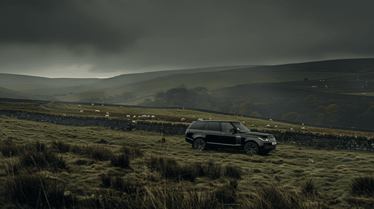 SUV driving through rugged countryside landscape