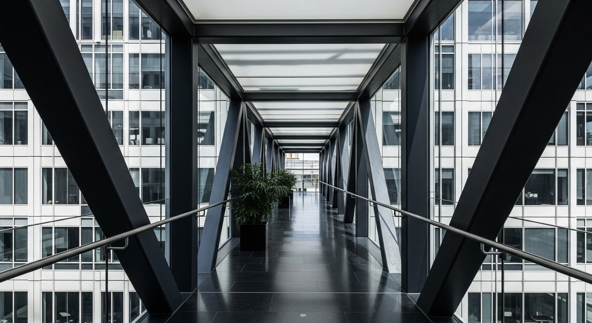 Modern glass skybridge connecting two dark steel office buildings with natural daylight streaming through