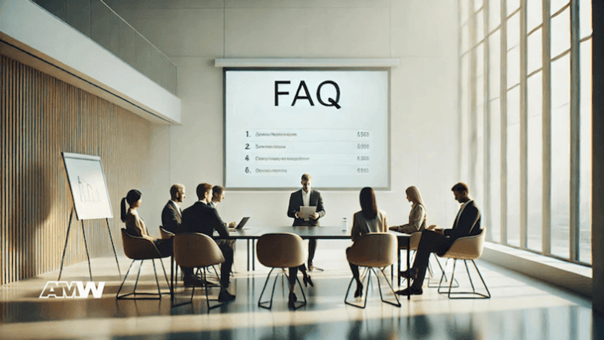 Team in meeting room with FAQ presentation