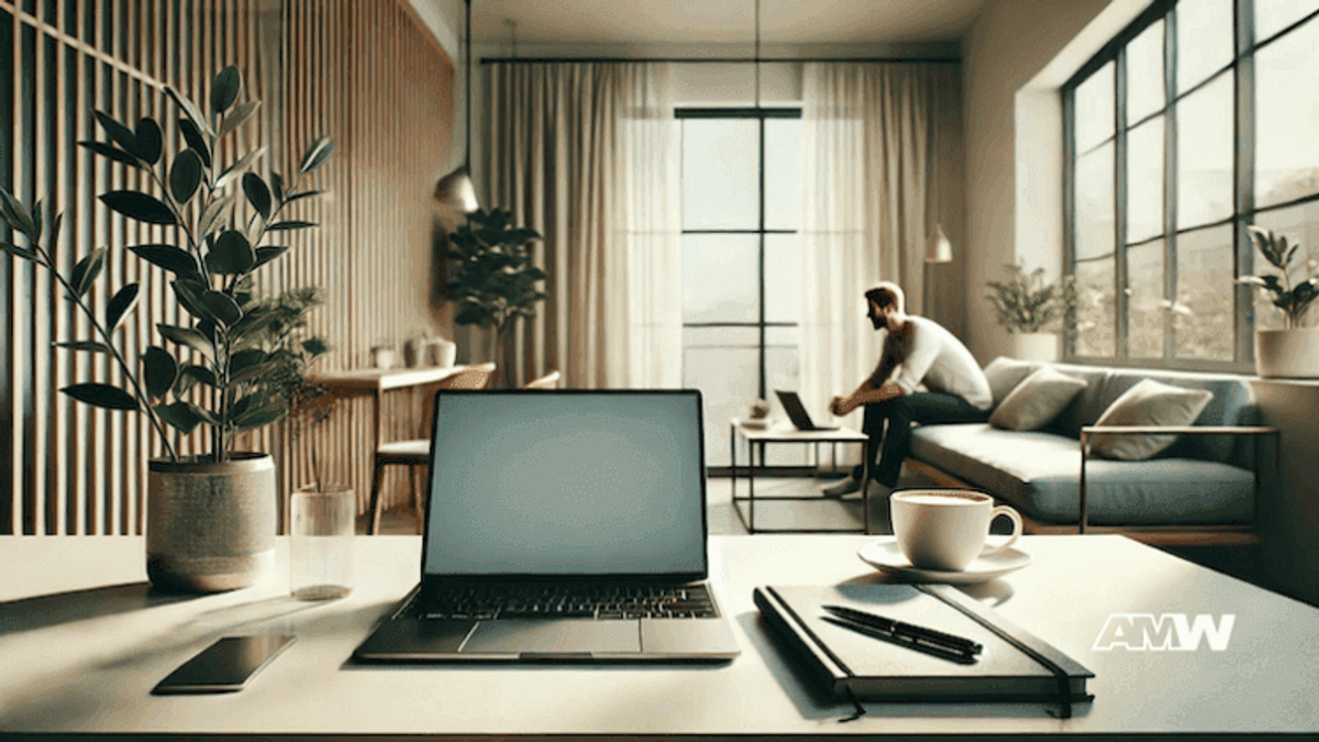 Modern office with laptop and plants
