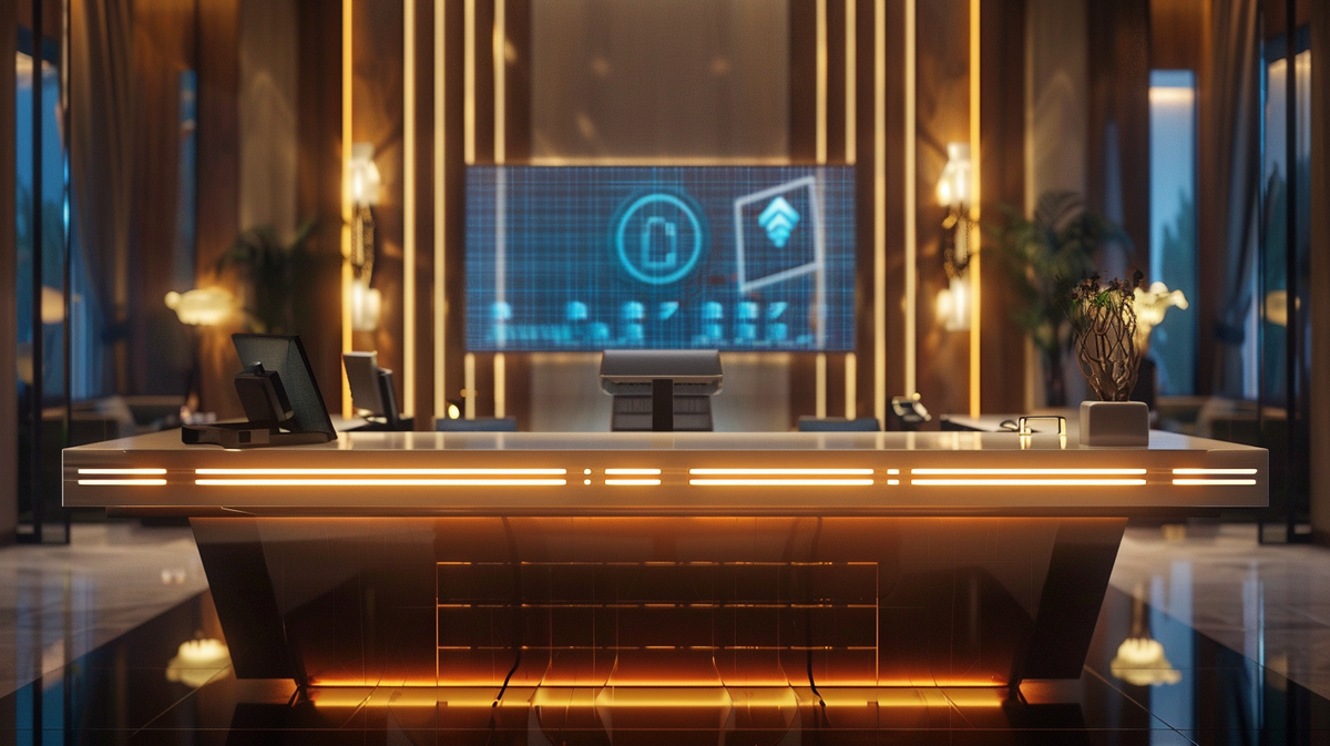 Futuristic office reception desk with digital display.
