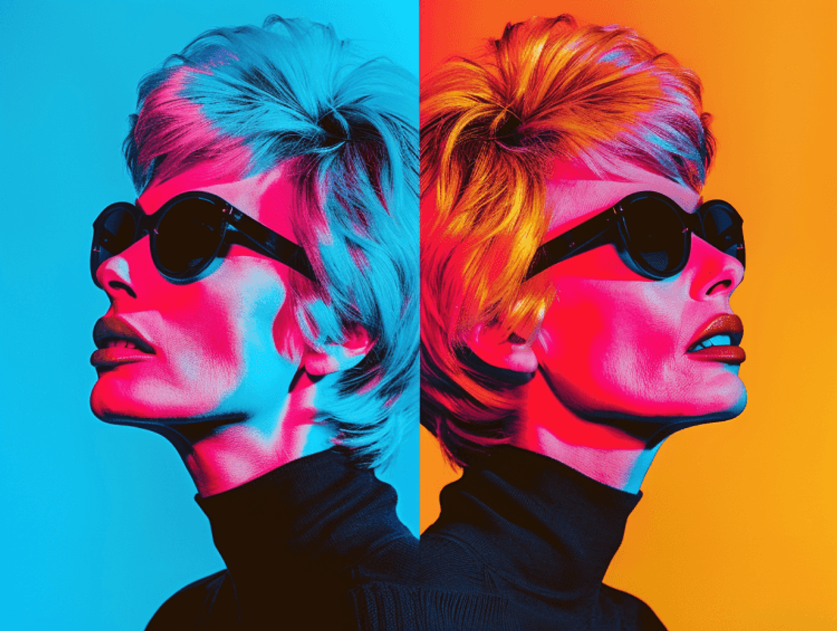 Split colorful portrait of person in sunglasses.