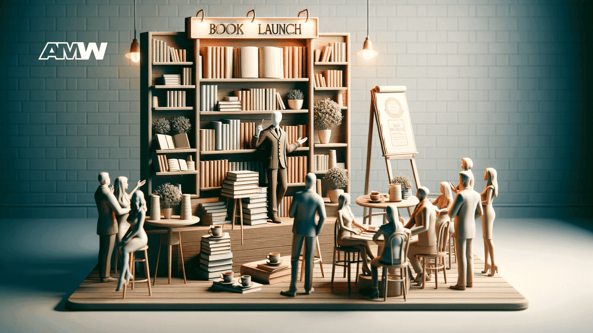 Book launch, company, few people, personal brand.