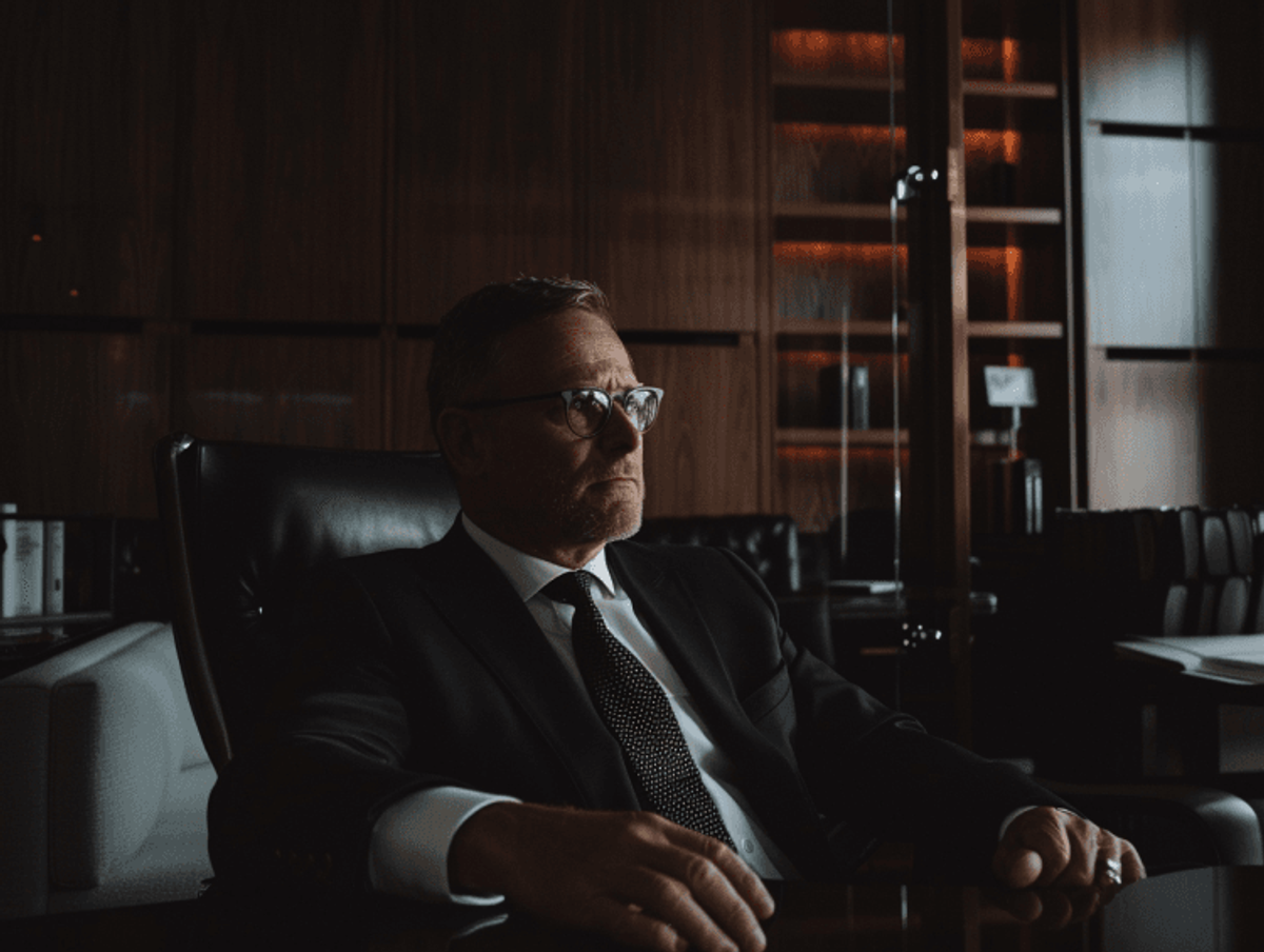 Businessman sitting in dark office, thoughtful expression.
