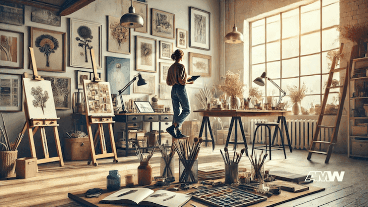 Artist working in a bright, cluttered studio.