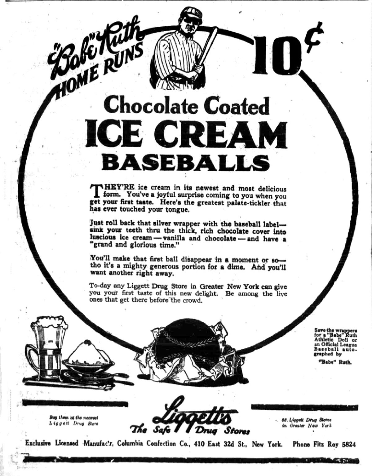 1922 newspaper advertisement for Babe Ruth Home Runs chocolate coated ice cream baseballs at 10 cents, with a drawing of Ruth holding a bat and the Liggett's drug store logo