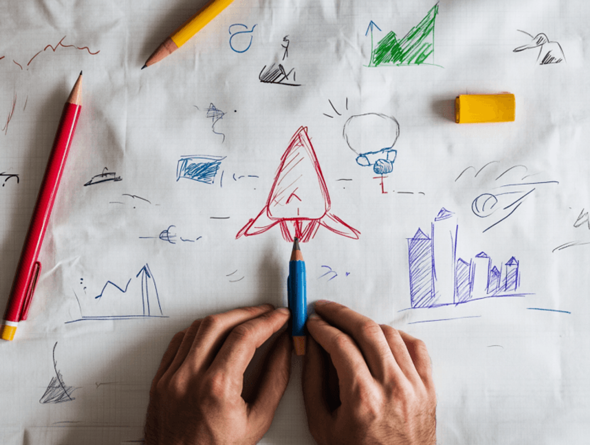 Hands drawing rocket with colorful pencils.