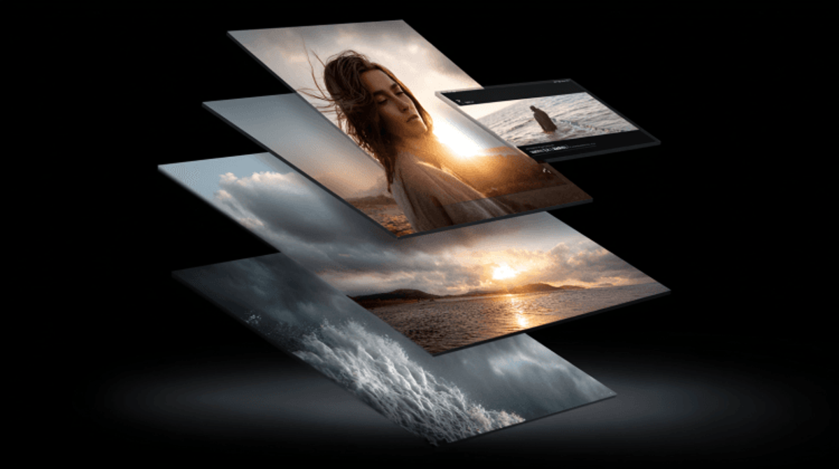 Layered images of nature and woman in sunset
