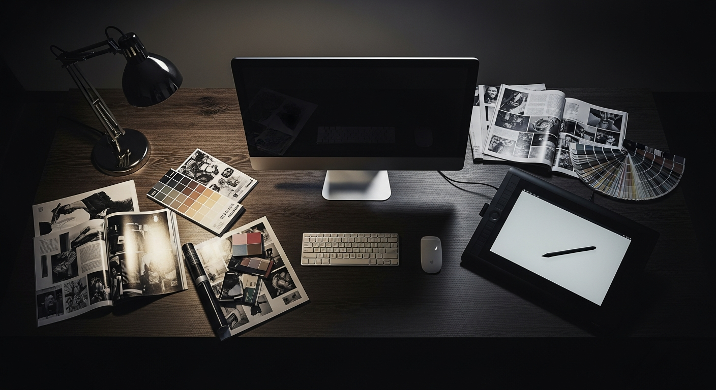 Designer workspace with display, tablet, and creative materials in dramatic lighting
