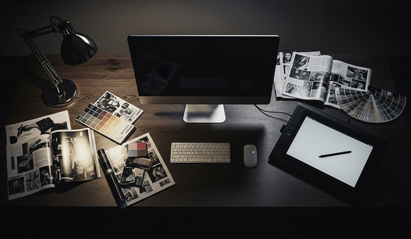 Designer workspace with display, tablet, and creative materials in dramatic lighting