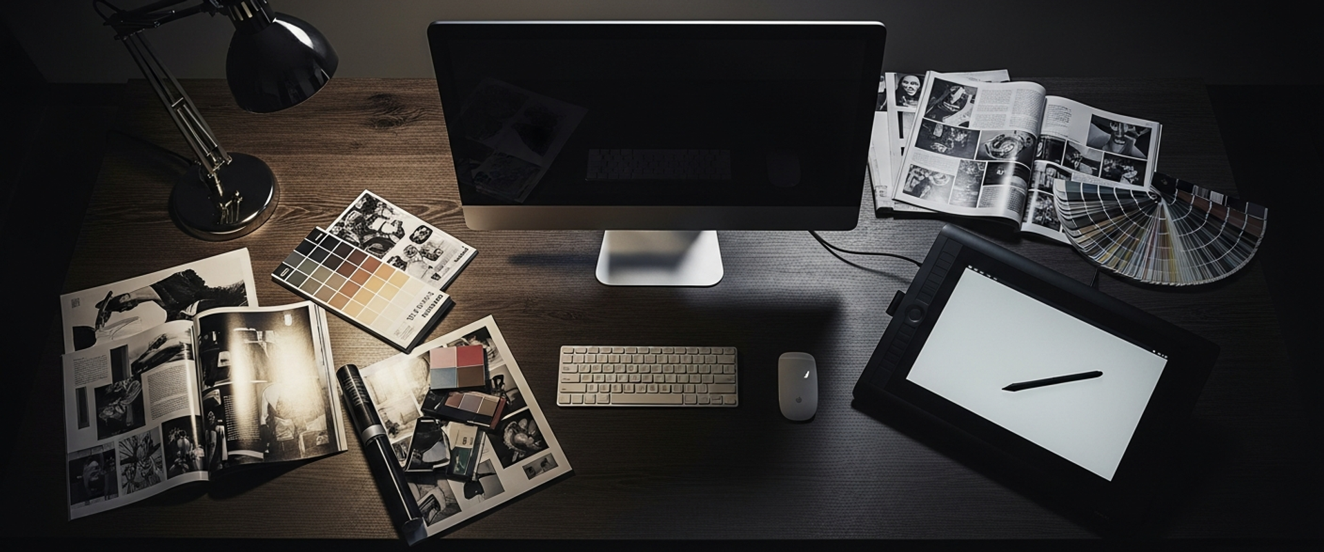 Designer workspace with display, tablet, and creative materials in dramatic lighting