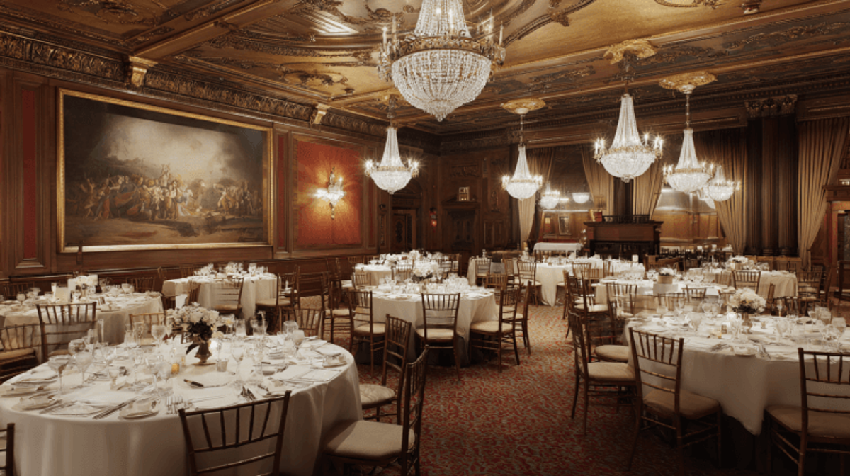 Elegant banquet hall with chandeliers and round tables.